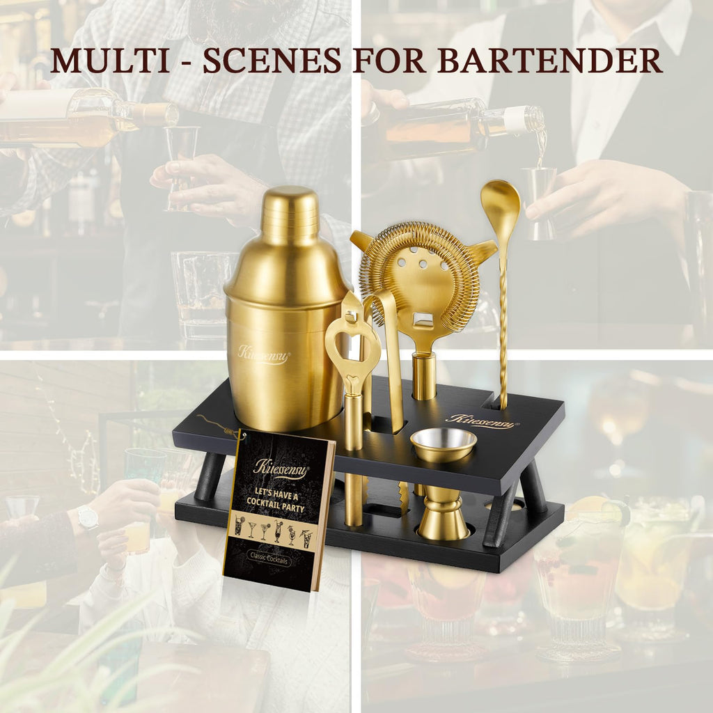 KITESSENSU Cocktail Shaker Set Bartender Kit with Stand | Bar Set Drink Mixer Set with All Essential Accessory Tools: Martini Shaker, Jigger, Strainer, Mixer Spoon, Muddler, Liquor Pourers |Silver