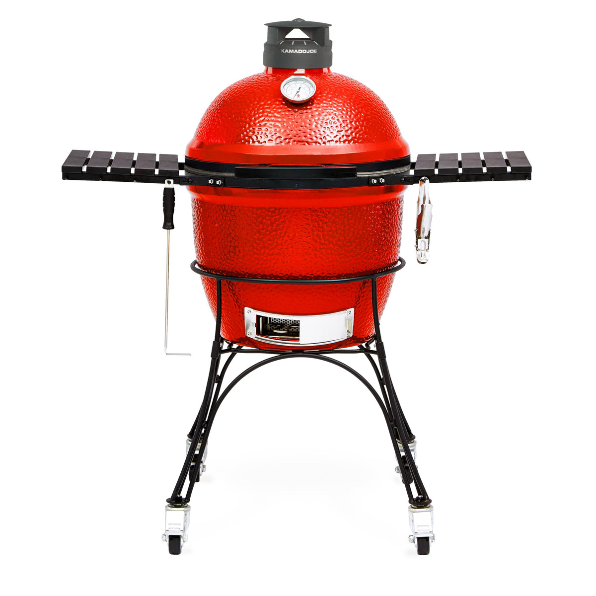Kamado Joe® Classic Joe™ I Premium 18-inch Ceramic Charcoal Grill and Smoker in Red with Cart, Side Shelves, Grill Gripper, and Ash Tool. 250 Cooking Square Inches, 2 Tier Cooking System, Model KJ23RH