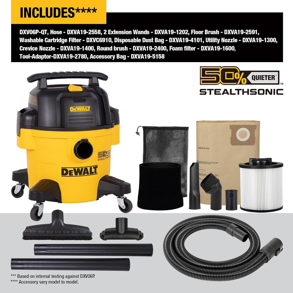 DEWALT STEALTHSONIC Wet Dry Shop Vac 6 Gallon 5 HP, DXV06P-QT