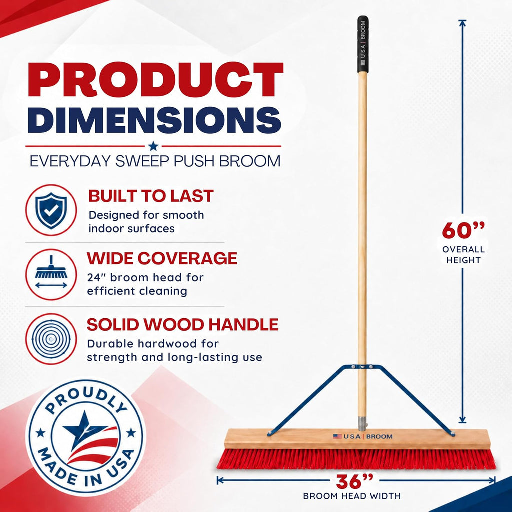 36" Everyday Sweep Indoor/Outdoor Push Broom with 60" Handle. Ideal for Garages & Shops. Durable American Made Steel Brackets-All Stainless Steel Hardware. No Plastic. 100% USA Made