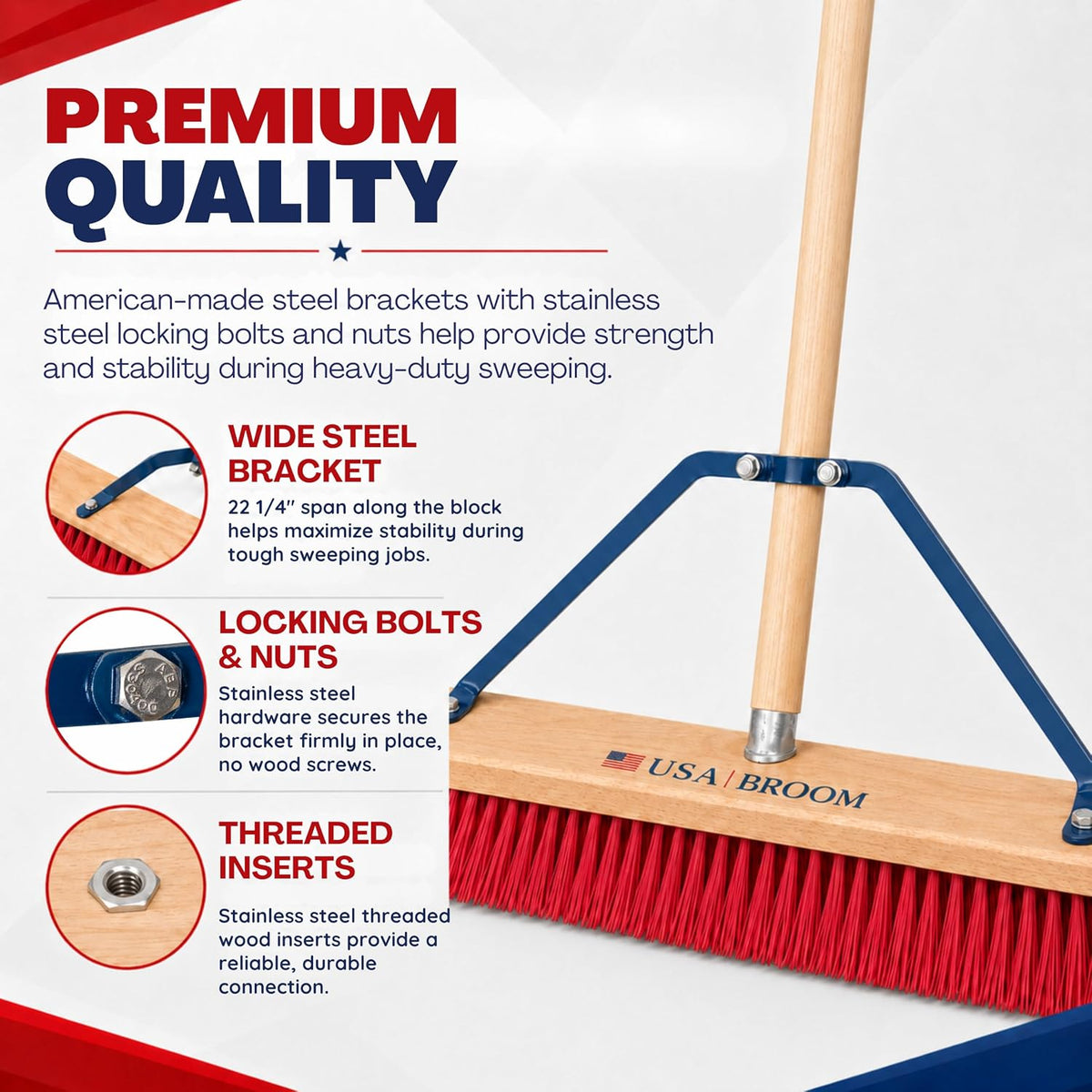 36" Everyday Sweep Indoor/Outdoor Push Broom with 60" Handle. Ideal for Garages & Shops. Durable American Made Steel Brackets-All Stainless Steel Hardware. No Plastic. 100% USA Made