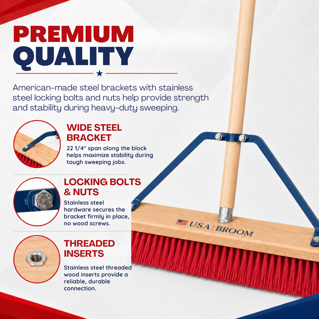 36" Everyday Sweep Indoor/Outdoor Push Broom with 60" Handle. Ideal for Garages & Shops. Durable American Made Steel Brackets-All Stainless Steel Hardware. No Plastic. 100% USA Made