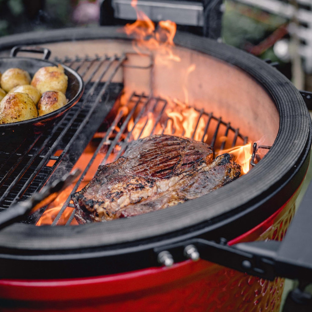 Kamado Joe® Classic Joe™ I Premium 18-inch Ceramic Charcoal Grill and Smoker in Red with Cart, Side Shelves, Grill Gripper, and Ash Tool. 250 Cooking Square Inches, 2 Tier Cooking System, Model KJ23RH