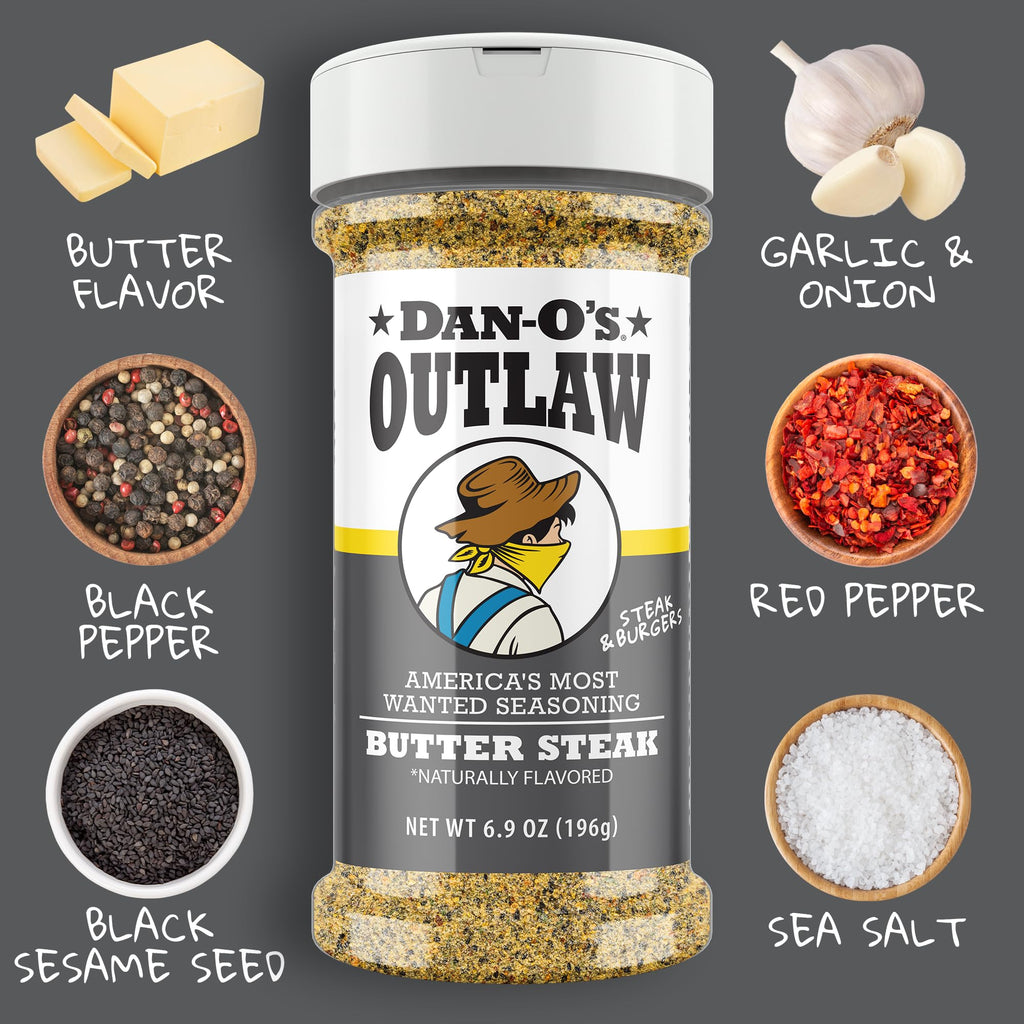 Dan-O’s Outlaw Butter Dust Seasoning – 6.9 oz – Buttery All Purpose Seasoning for Chicken, Vegetables & Popcorn – Sugar Free, Zero Calorie Dry Spice Blend