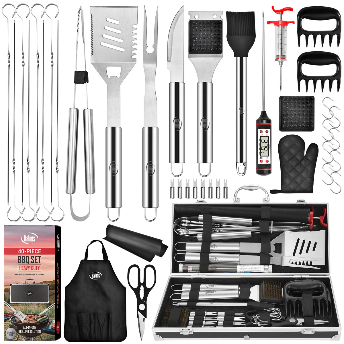 Kaluns Grilling Accessories, Gifts for Men Christmas Grilling Gifts for Dad, Heavy Duty Stainless Steel BBQ Grill Tools Set for Outdoor Grill with Aluminum Case and Apron, Birthday Gifts for Men Dad