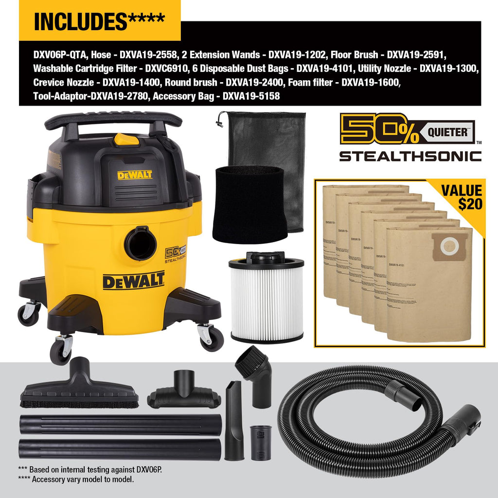 DEWALT STEALTHSONIC Wet Dry Shop Vac 6 Gallon 5 HP, DXV06P-QT