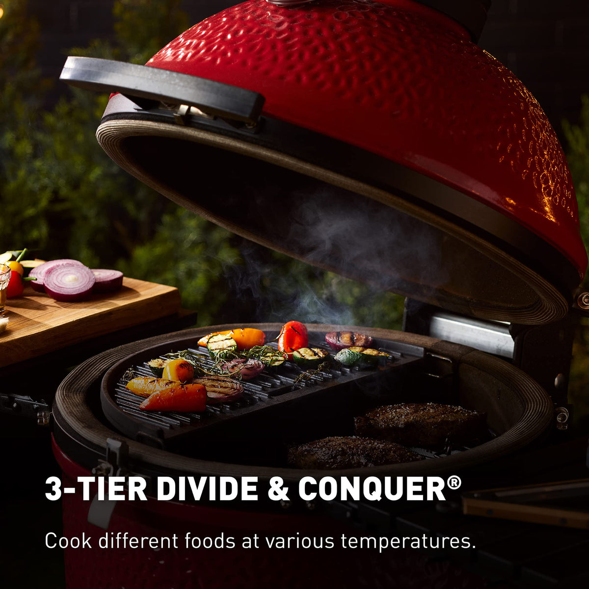 Kamado Joe® Classic Joe™ I Premium 18-inch Ceramic Charcoal Grill and Smoker in Red with Cart, Side Shelves, Grill Gripper, and Ash Tool. 250 Cooking Square Inches, 2 Tier Cooking System, Model KJ23RH