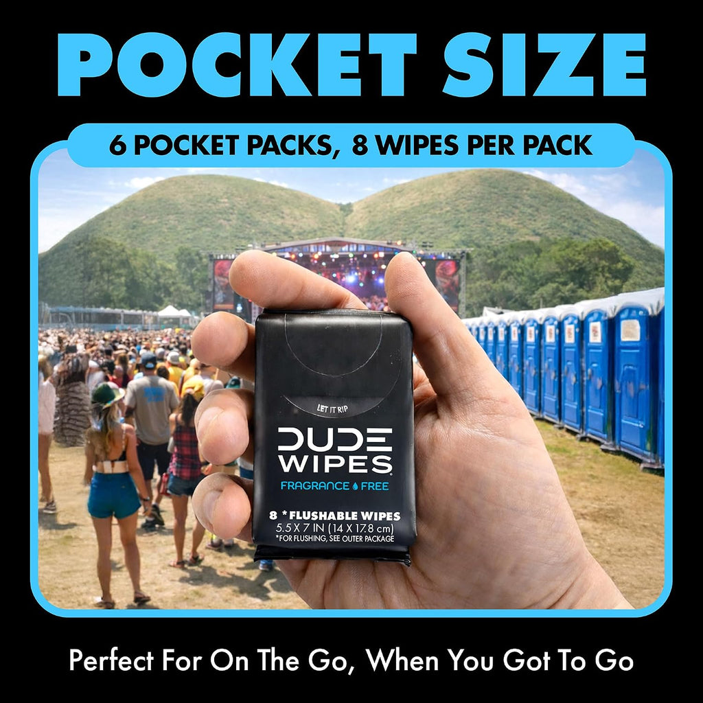 DUDE Wipes Unscented Pocket Packs, Adult Flushable Travel Wipes, 48 Count