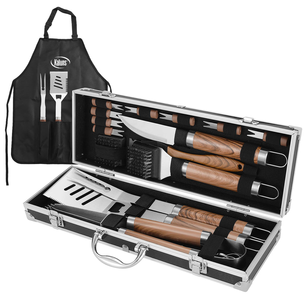 Kaluns Grilling Accessories, Gifts for Men Christmas Grilling Gifts for Dad, Heavy Duty Stainless Steel BBQ Grill Tools Set for Outdoor Grill with Aluminum Case and Apron, Birthday Gifts for Men Dad