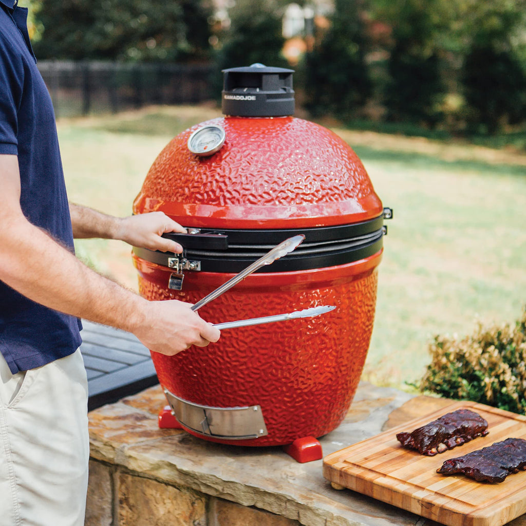 Kamado Joe® Classic Joe™ I Premium 18-inch Ceramic Charcoal Grill and Smoker in Red with Cart, Side Shelves, Grill Gripper, and Ash Tool. 250 Cooking Square Inches, 2 Tier Cooking System, Model KJ23RH