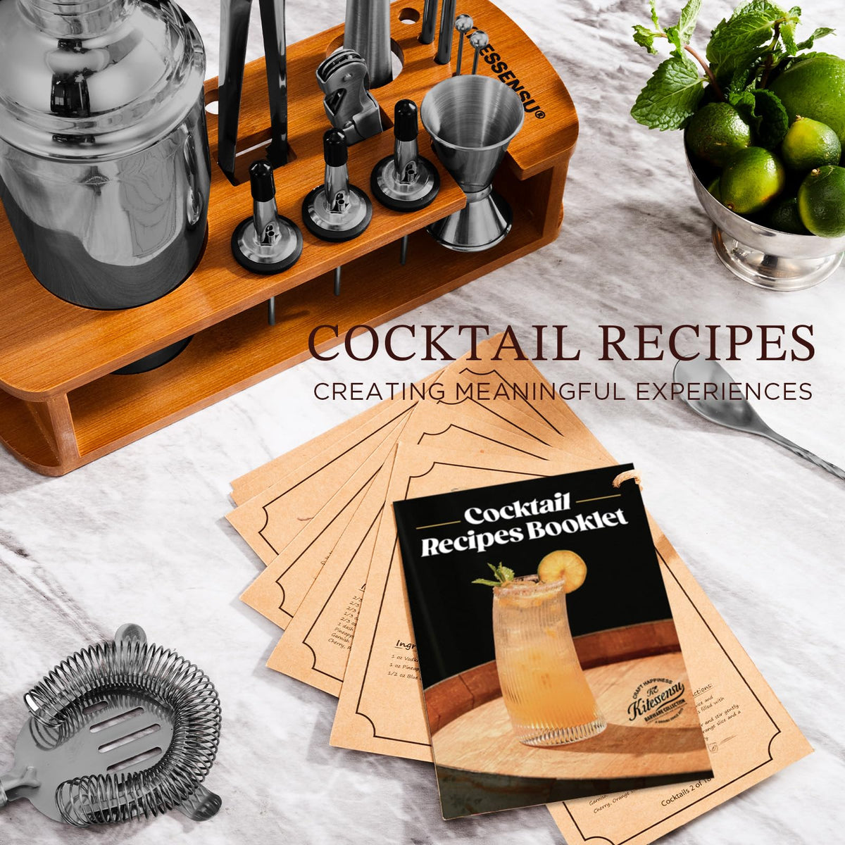 KITESSENSU Cocktail Shaker Set Bartender Kit with Stand | Bar Set Drink Mixer Set with All Essential Accessory Tools: Martini Shaker, Jigger, Strainer, Mixer Spoon, Muddler, Liquor Pourers |Silver