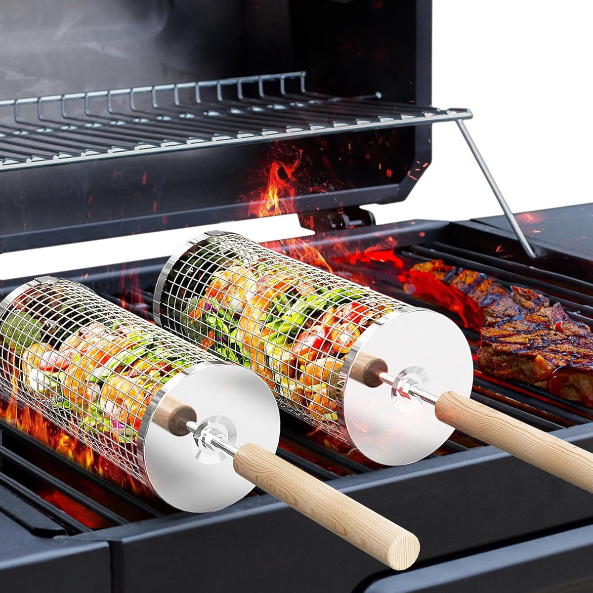 Rolling Grill Basket, Grilling Accessories, Outdoor Camping, Gifts for Men