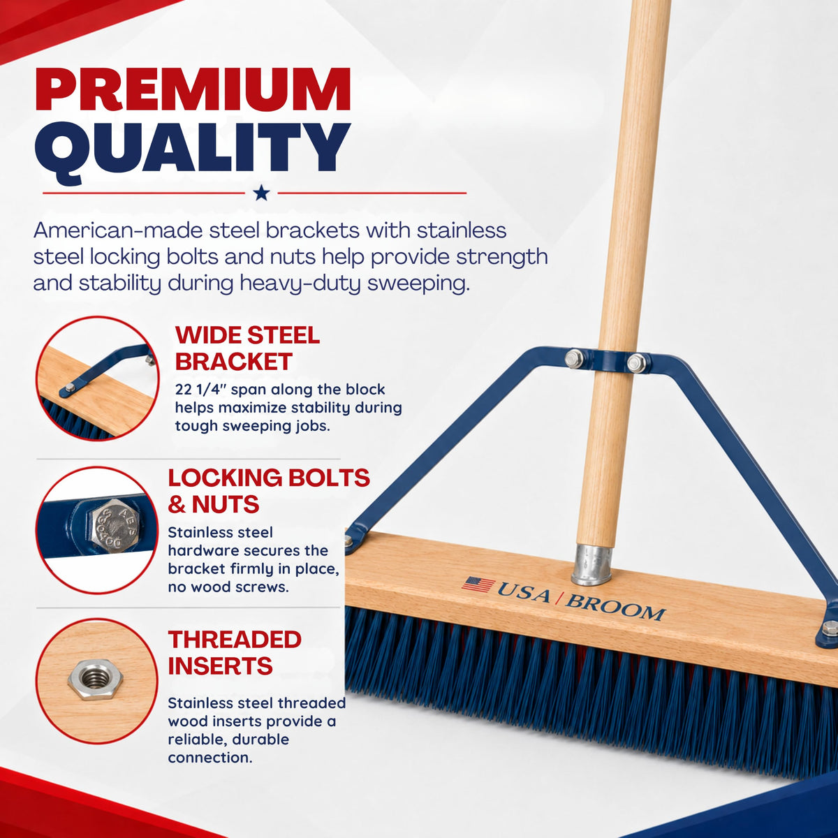36" Everyday Sweep Indoor/Outdoor Push Broom with 60" Handle. Ideal for Garages & Shops. Durable American Made Steel Brackets-All Stainless Steel Hardware. No Plastic. 100% USA Made