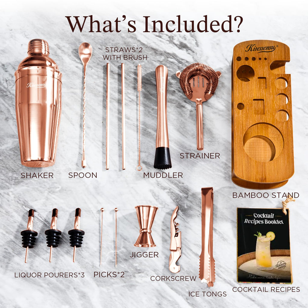 KITESSENSU Cocktail Shaker Set Bartender Kit with Stand | Bar Set Drink Mixer Set with All Essential Accessory Tools: Martini Shaker, Jigger, Strainer, Mixer Spoon, Muddler, Liquor Pourers |Silver