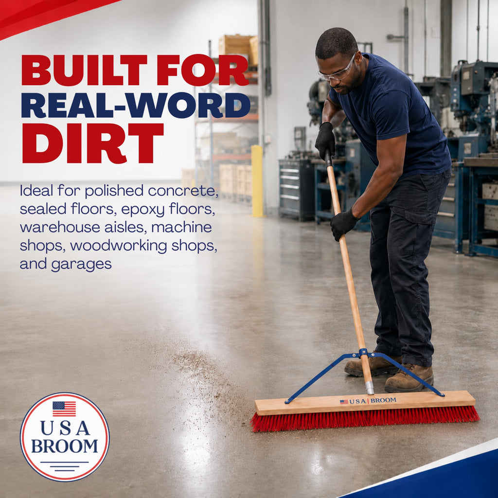 36" Everyday Sweep Indoor/Outdoor Push Broom with 60" Handle. Ideal for Garages & Shops. Durable American Made Steel Brackets-All Stainless Steel Hardware. No Plastic. 100% USA Made