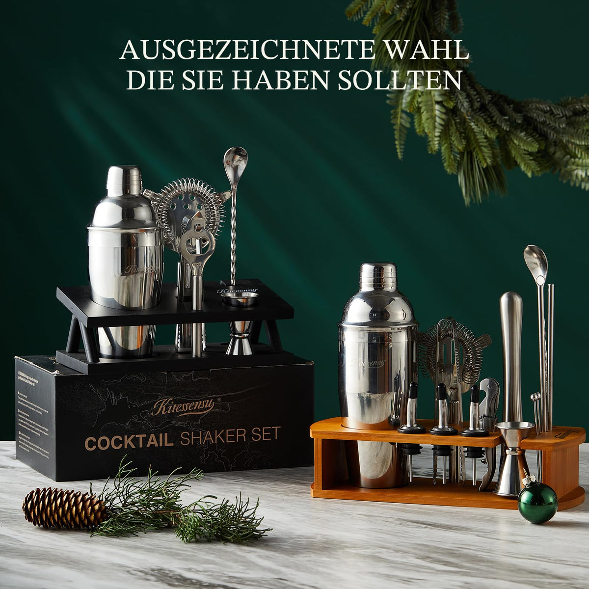 KITESSENSU Cocktail Shaker Set Bartender Kit with Stand | Bar Set Drink Mixer Set with All Essential Accessory Tools: Martini Shaker, Jigger, Strainer, Mixer Spoon, Muddler, Liquor Pourers |Silver