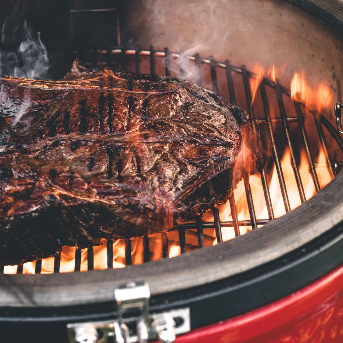 Kamado Joe® Classic Joe™ I Premium 18-inch Ceramic Charcoal Grill and Smoker in Red with Cart, Side Shelves, Grill Gripper, and Ash Tool. 250 Cooking Square Inches, 2 Tier Cooking System, Model KJ23RH