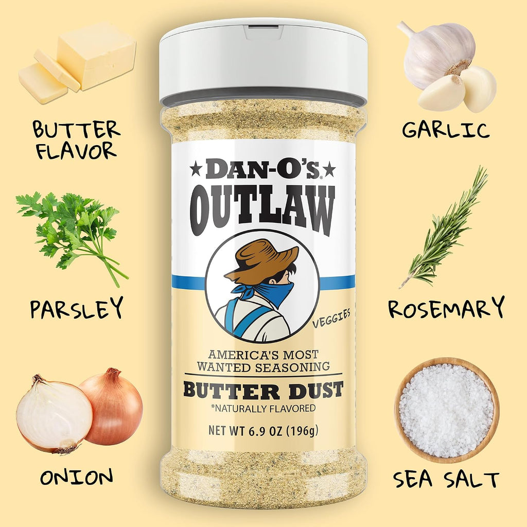 Dan-O’s Outlaw Butter Dust Seasoning – 6.9 oz – Buttery All Purpose Seasoning for Chicken, Vegetables & Popcorn – Sugar Free, Zero Calorie Dry Spice Blend
