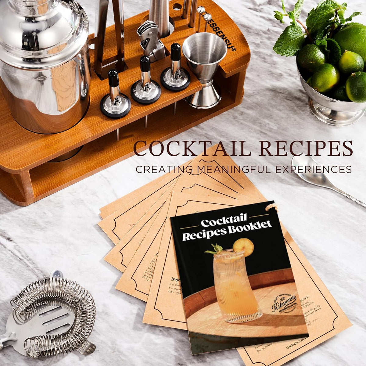 KITESSENSU Cocktail Shaker Set Bartender Kit with Stand | Bar Set Drink Mixer Set with All Essential Accessory Tools: Martini Shaker, Jigger, Strainer, Mixer Spoon, Muddler, Liquor Pourers |Silver