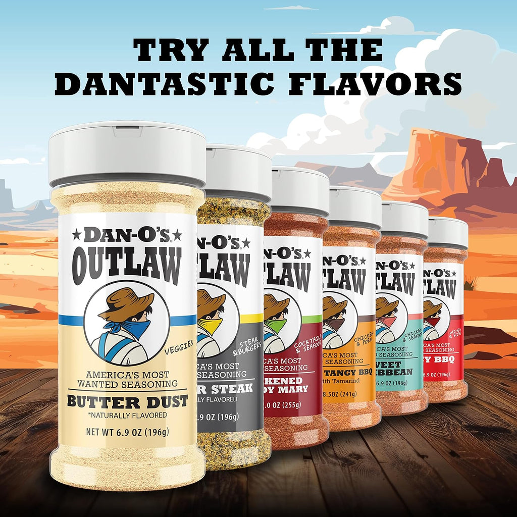 Dan-O’s Outlaw Butter Dust Seasoning – 6.9 oz – Buttery All Purpose Seasoning for Chicken, Vegetables & Popcorn – Sugar Free, Zero Calorie Dry Spice Blend