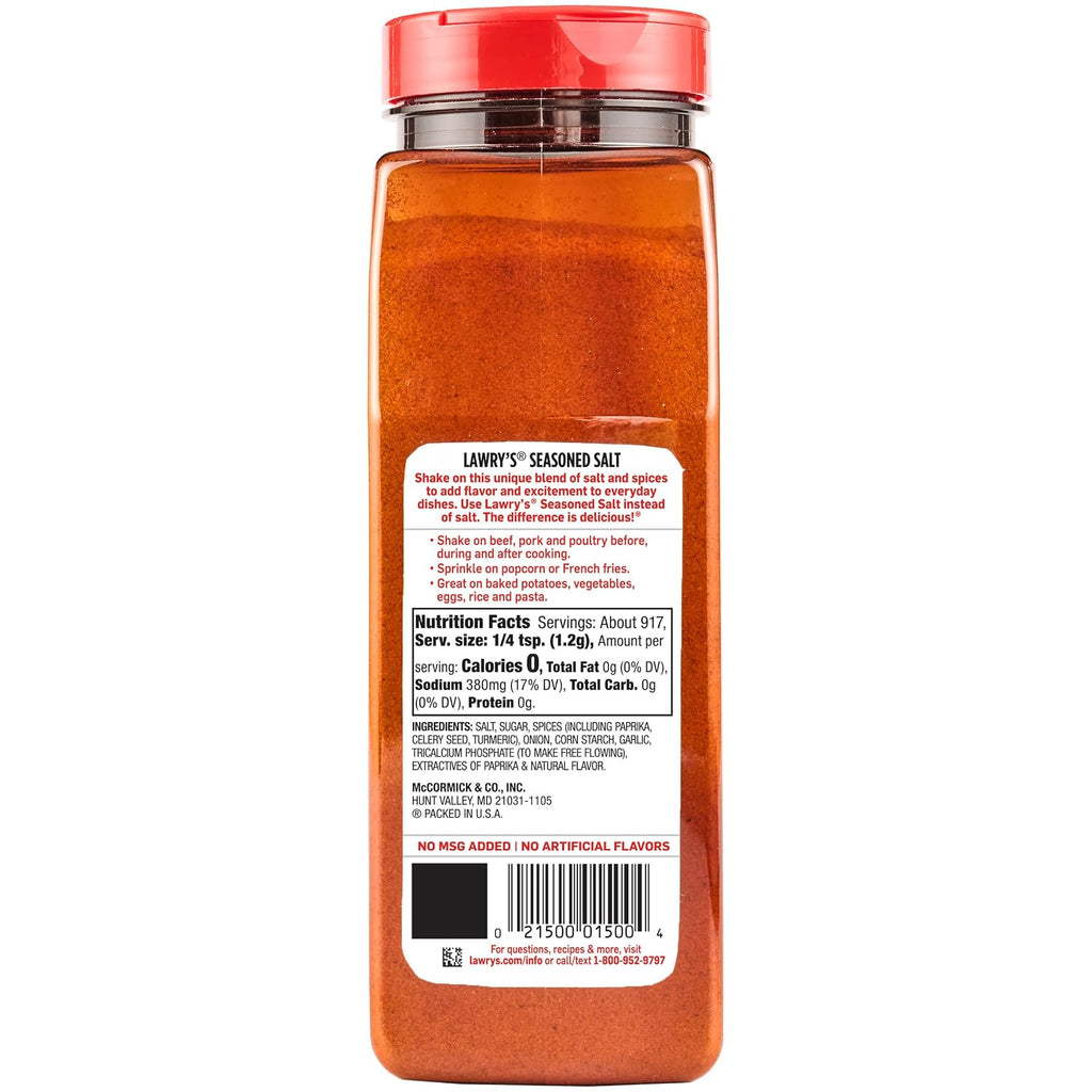 Lawry’s Seasoned Salt, No MSG Added, Kosher Certified, Staple, Versatile, All-Purpose Seasoning to Shake on Beef, Pork, or Poultry, 16 oz