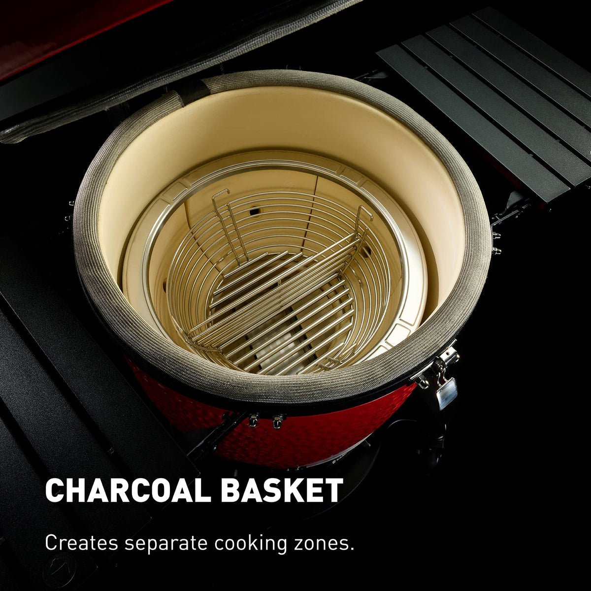 Kamado Joe® Classic Joe™ I Premium 18-inch Ceramic Charcoal Grill and Smoker in Red with Cart, Side Shelves, Grill Gripper, and Ash Tool. 250 Cooking Square Inches, 2 Tier Cooking System, Model KJ23RH