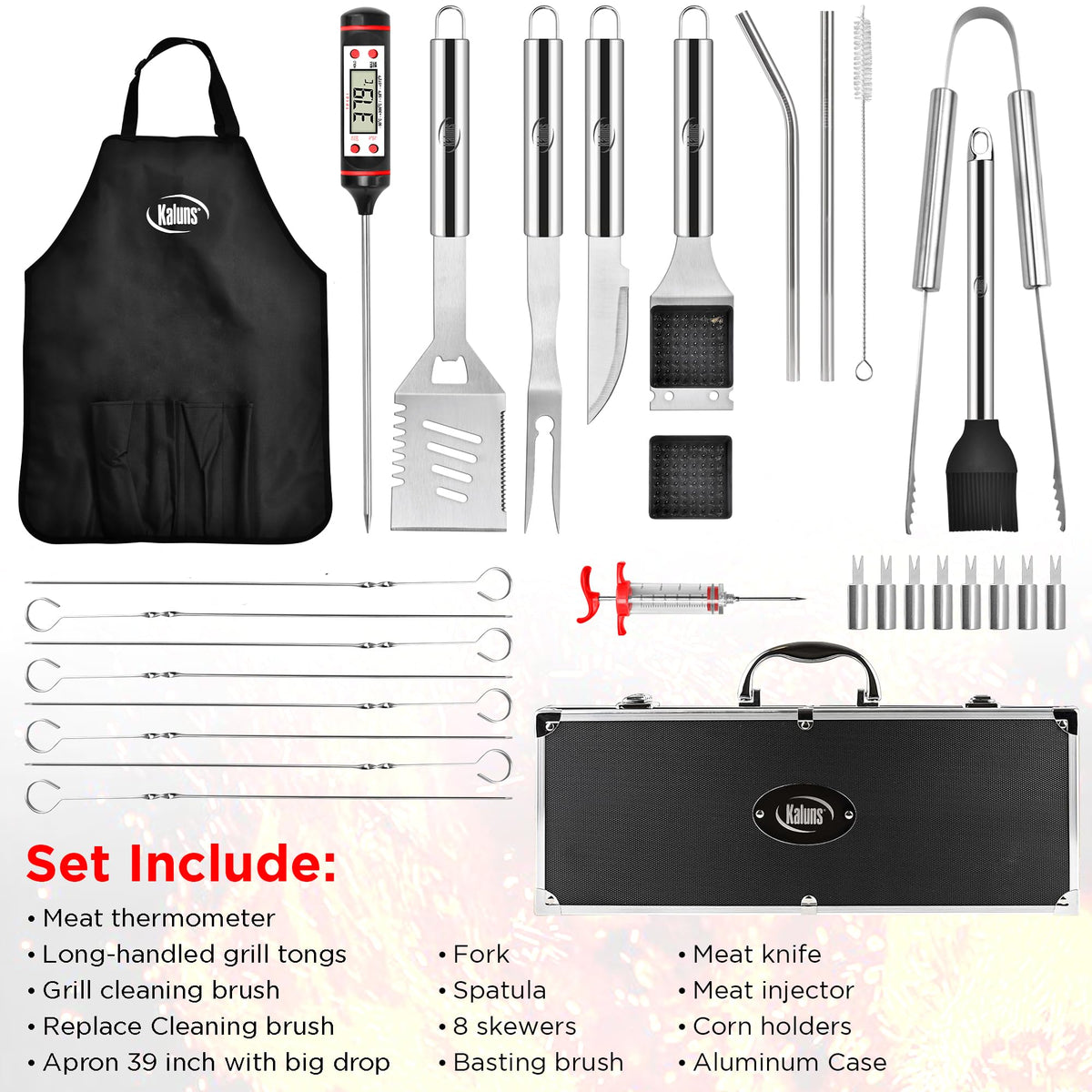 Kaluns Grilling Accessories, Gifts for Men Christmas Grilling Gifts for Dad, Heavy Duty Stainless Steel BBQ Grill Tools Set for Outdoor Grill with Aluminum Case and Apron, Birthday Gifts for Men Dad