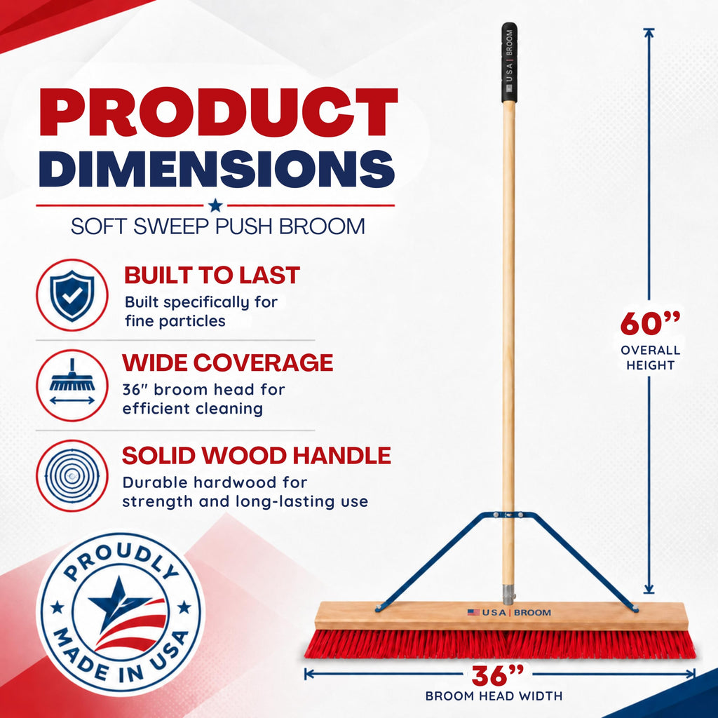 36" Everyday Sweep Indoor/Outdoor Push Broom with 60" Handle. Ideal for Garages & Shops. Durable American Made Steel Brackets-All Stainless Steel Hardware. No Plastic. 100% USA Made