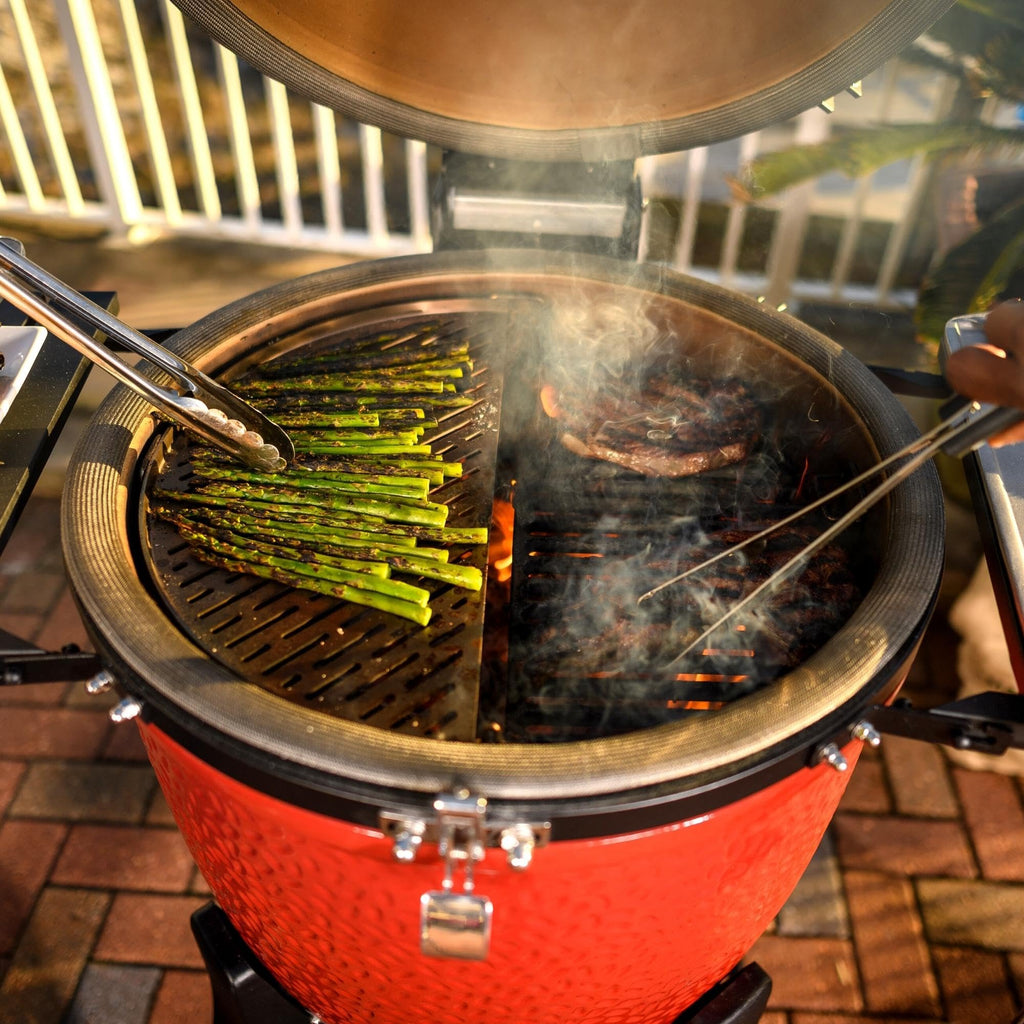Kamado Joe® Classic Joe™ I Premium 18-inch Ceramic Charcoal Grill and Smoker in Red with Cart, Side Shelves, Grill Gripper, and Ash Tool. 250 Cooking Square Inches, 2 Tier Cooking System, Model KJ23RH