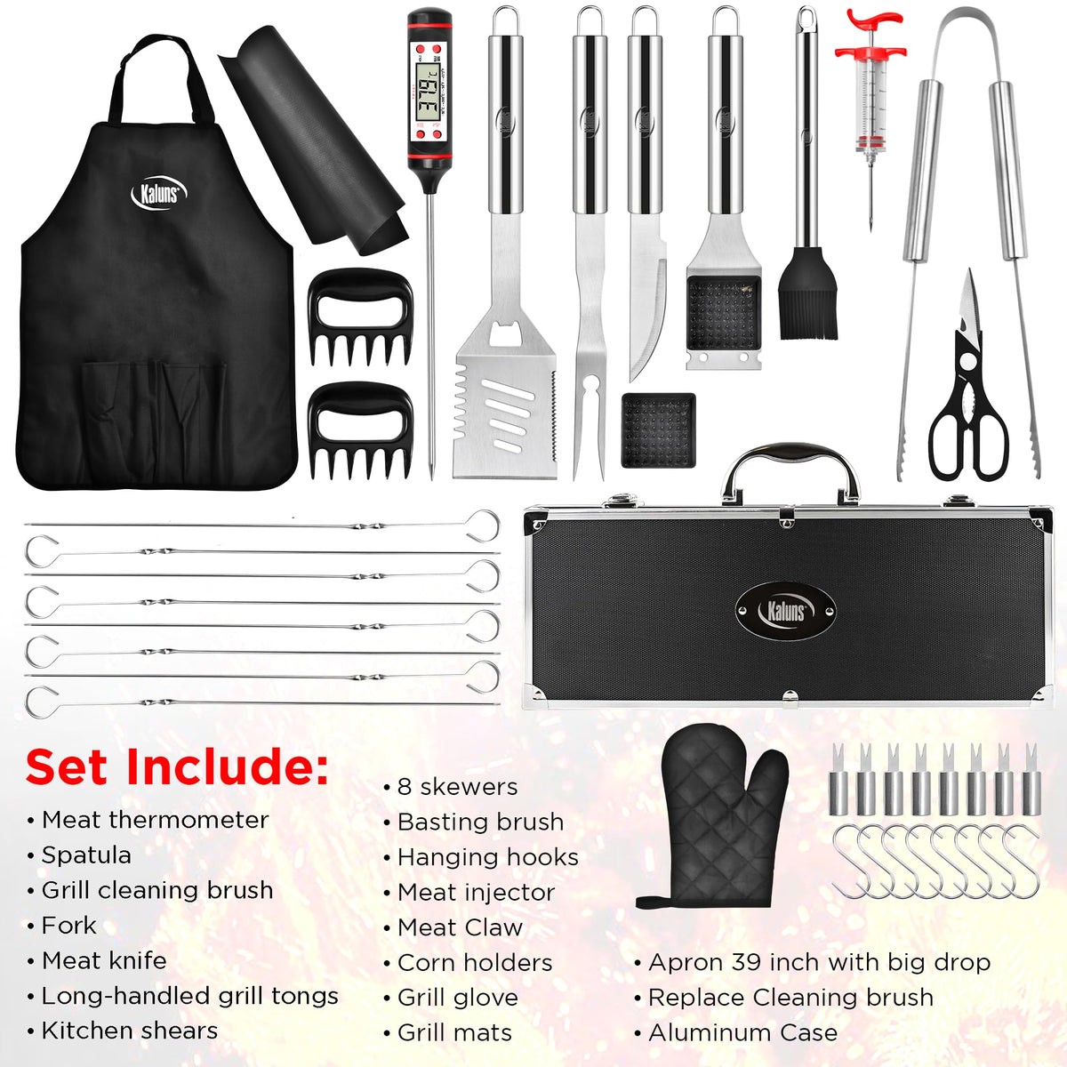 Kaluns Grilling Accessories, Gifts for Men Christmas Grilling Gifts for Dad, Heavy Duty Stainless Steel BBQ Grill Tools Set for Outdoor Grill with Aluminum Case and Apron, Birthday Gifts for Men Dad