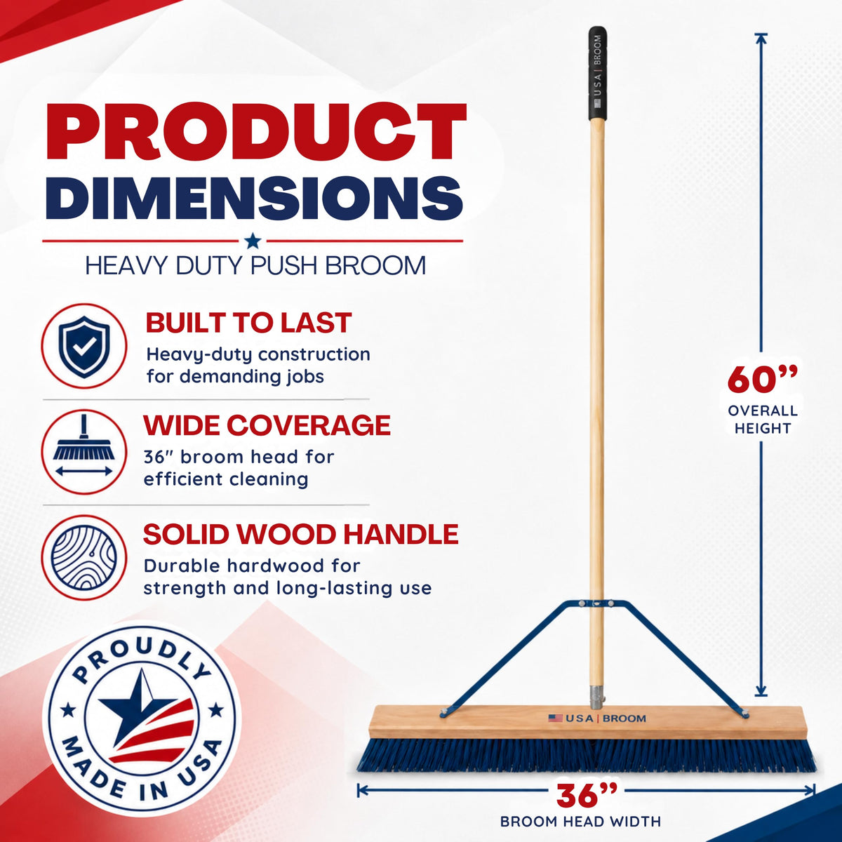 36" Everyday Sweep Indoor/Outdoor Push Broom with 60" Handle. Ideal for Garages & Shops. Durable American Made Steel Brackets-All Stainless Steel Hardware. No Plastic. 100% USA Made