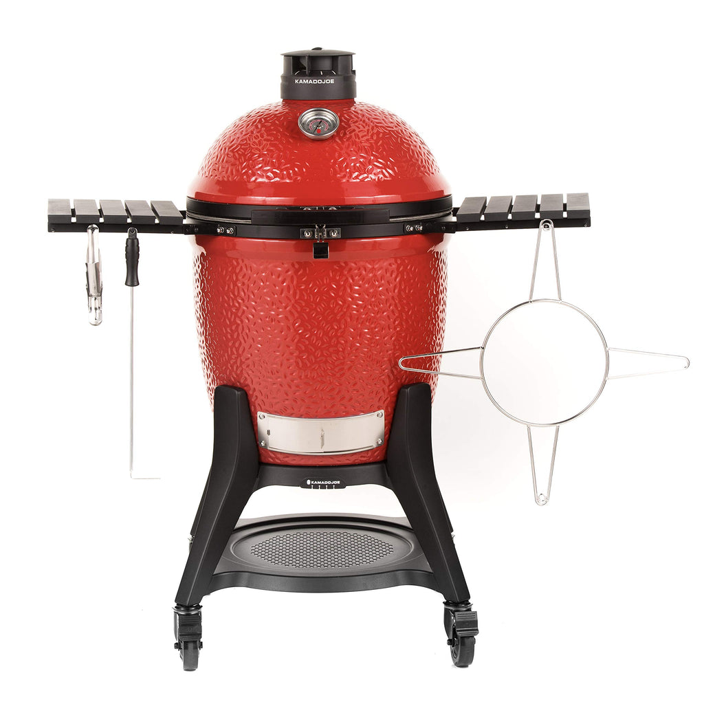 Kamado Joe® Classic Joe™ I Premium 18-inch Ceramic Charcoal Grill and Smoker in Red with Cart, Side Shelves, Grill Gripper, and Ash Tool. 250 Cooking Square Inches, 2 Tier Cooking System, Model KJ23RH
