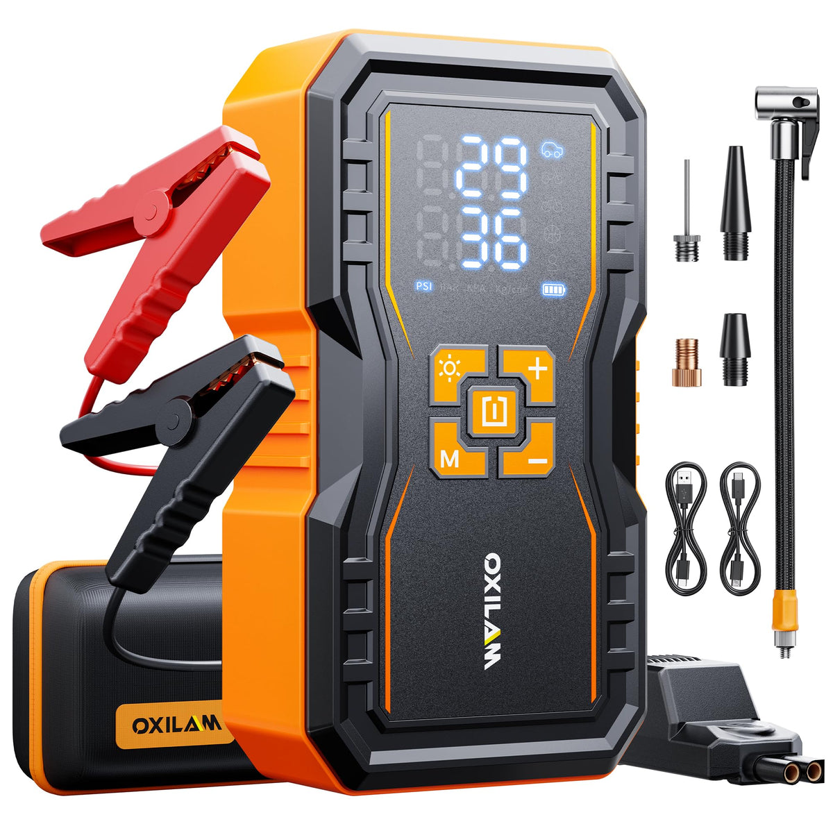 OXILAM Jump Starter 6000A for All Gas/12L Diesel, Car Battery Jumper Starter Portable, 12V Lithium Jump Box with Jumper Cables, LED Display, LED Light, Power Bank with USB, Type C Port