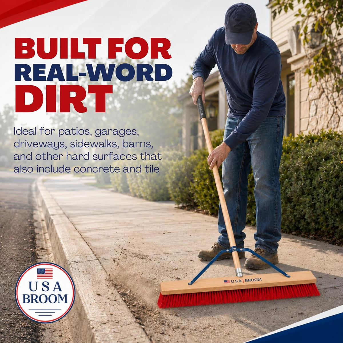 36" Everyday Sweep Indoor/Outdoor Push Broom with 60" Handle. Ideal for Garages & Shops. Durable American Made Steel Brackets-All Stainless Steel Hardware. No Plastic. 100% USA Made