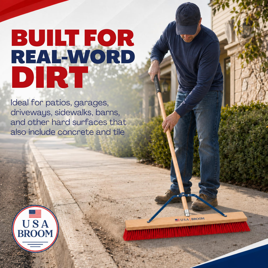 36" Everyday Sweep Indoor/Outdoor Push Broom with 60" Handle. Ideal for Garages & Shops. Durable American Made Steel Brackets-All Stainless Steel Hardware. No Plastic. 100% USA Made