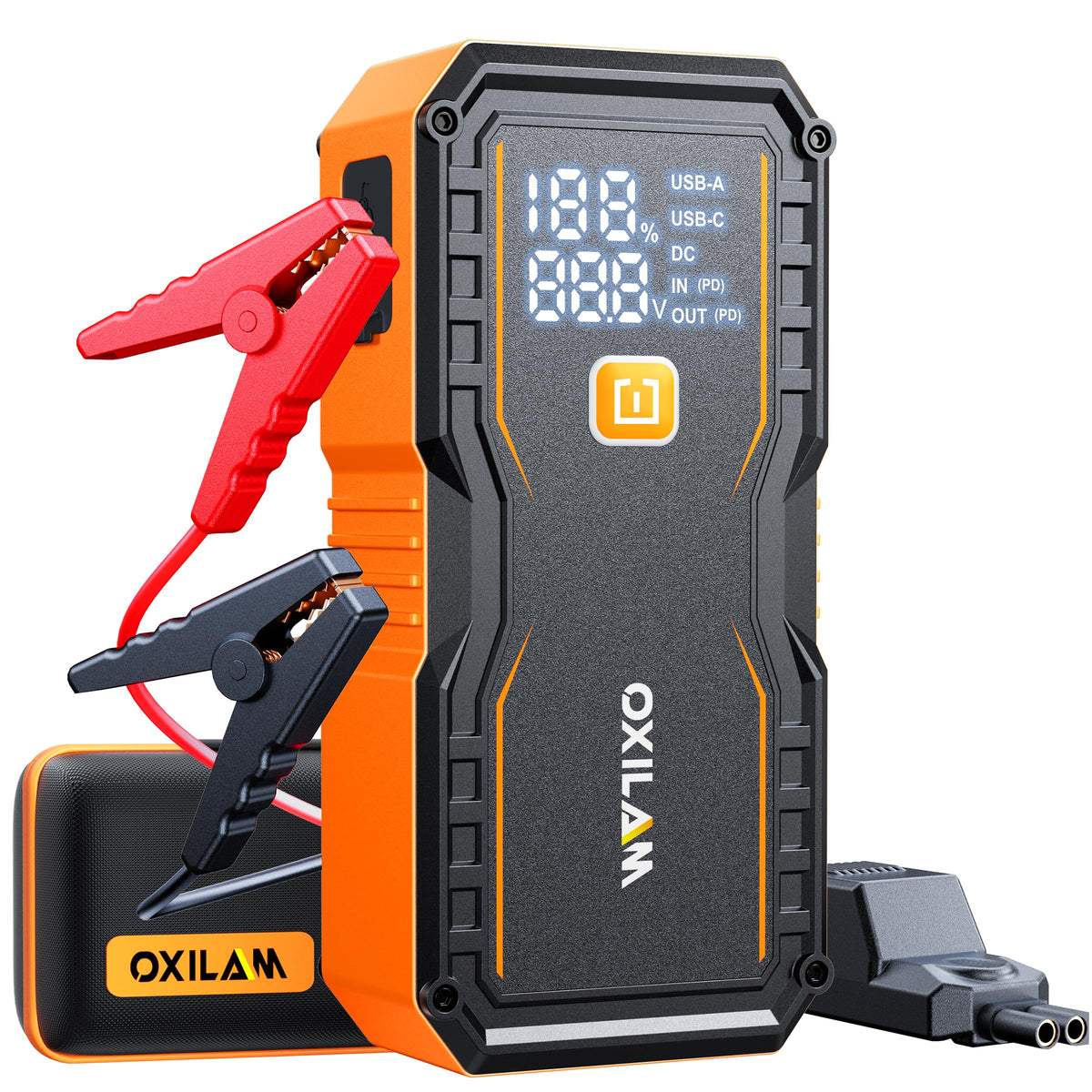 OXILAM Jump Starter 6000A for All Gas/12L Diesel, Car Battery Jumper Starter Portable, 12V Lithium Jump Box with Jumper Cables, LED Display, LED Light, Power Bank with USB, Type C Port