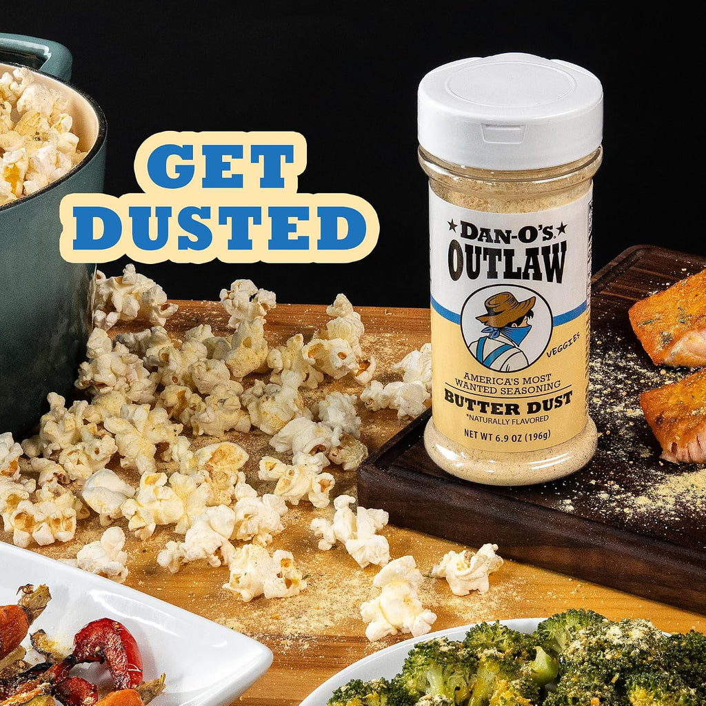 Dan-O’s Outlaw Butter Dust Seasoning – 6.9 oz – Buttery All Purpose Seasoning for Chicken, Vegetables & Popcorn – Sugar Free, Zero Calorie Dry Spice Blend